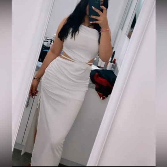 Pink Cut Out Ruched Tie Back Split Thigh Cami midi Dress - Picture 7 of 7